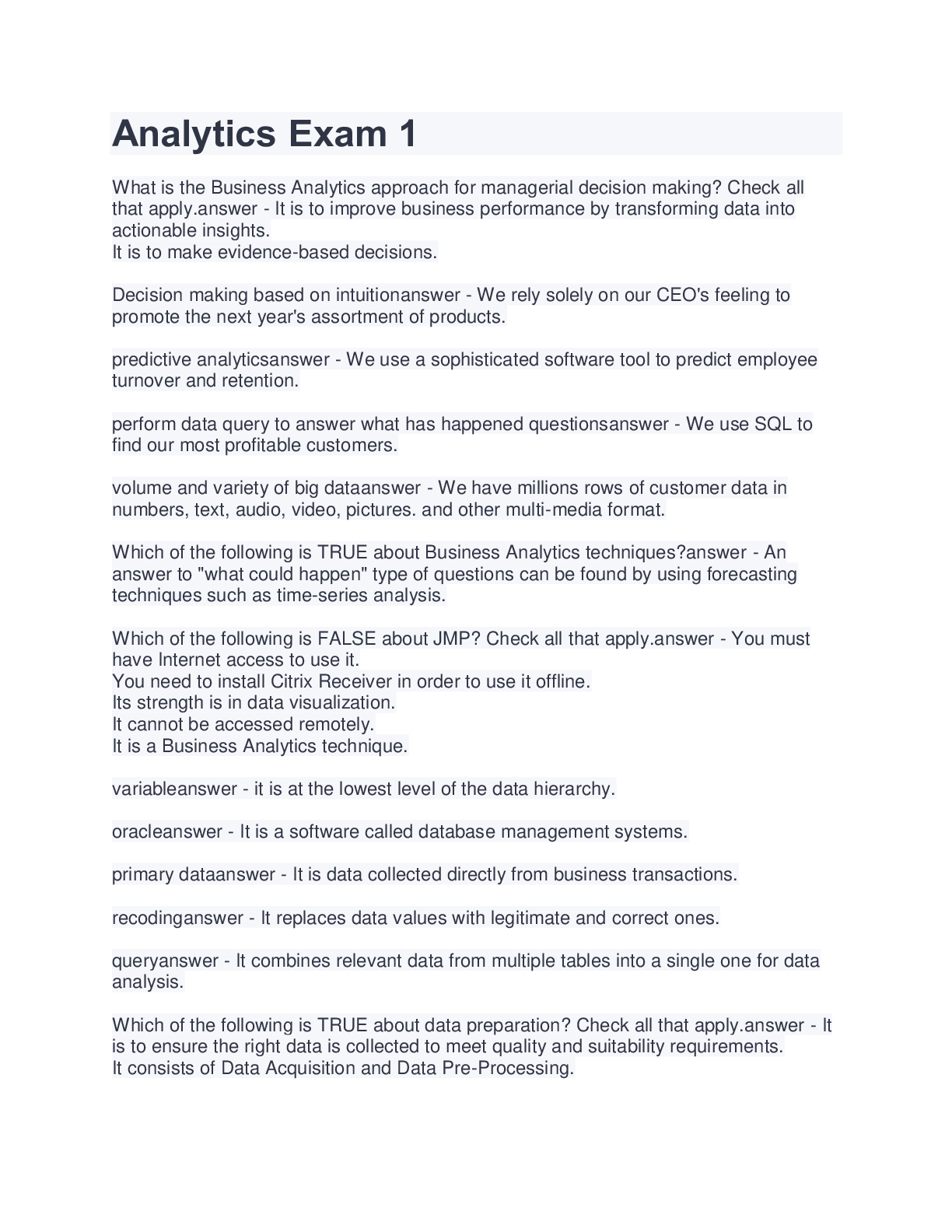 Analytics Exam 1 Browsegrades